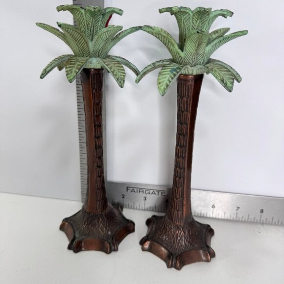 set of 2 palm tree candle holder w/ green leaves 8.5" tall - Picture 6 of 6